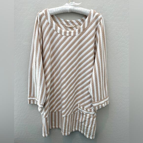 SOFT SURROUNDINGS Striped Cotton Tunic Top Beige White Textured Pocket | Size 2X - Picture 1 of 7